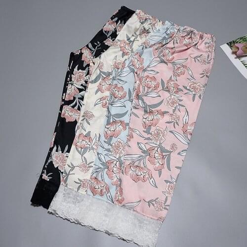 Daeyard Womens Sleep Bottoms Spring Summer Silk Floral Trousers Sexy Lace Nightwear Elastic Waist Satin Pants Elegant Home Wear