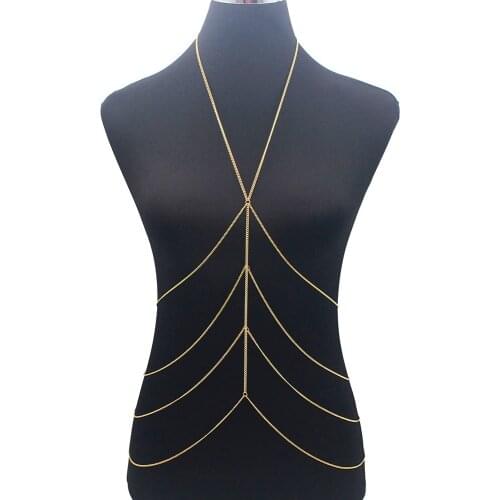 Womens Sexy Fashion Gold color Multilayer Body Belly Waist Chain Bikini Beach Harness Chains Necklace Jewelry