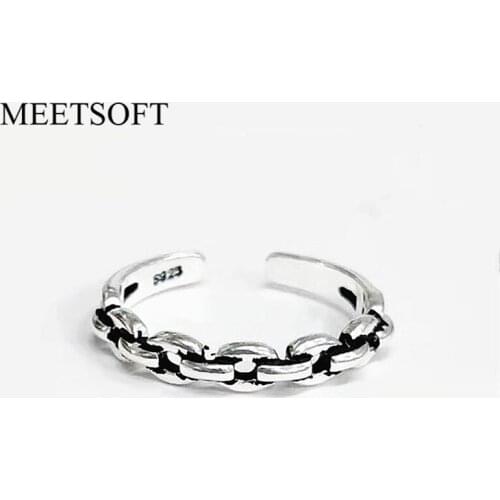 MEETSOFT Silver Colour Opening Ring For Women Retro Chain Adjustable Wedding Bands Jewelry Gift