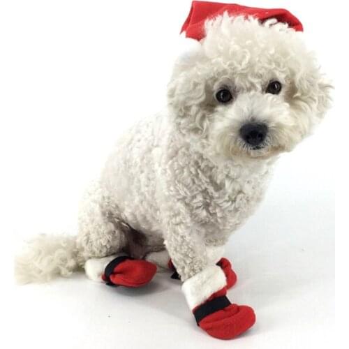 1set 5pcs Worm Soft Fluffy Red Cotton Happy New Year Christmas Cap with Socks Pet Cat Dog Puppy Christmas Suit Party Decor