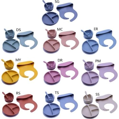 4pcs BPA Free Baby Silicone Tableware Waterproof Bib Solid Color Dinner Plate Sucker Bowl Spoon For Children