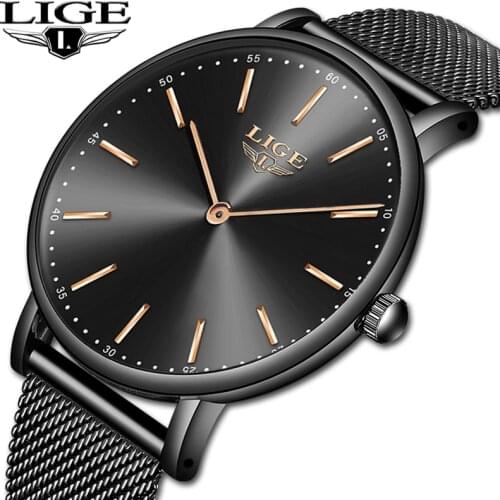 LIGE Fashion Luxury Black Women Watches 2021 High Quality Ultra thin Quartz Watch Woman Dress Elegant Ladies Watch Monta