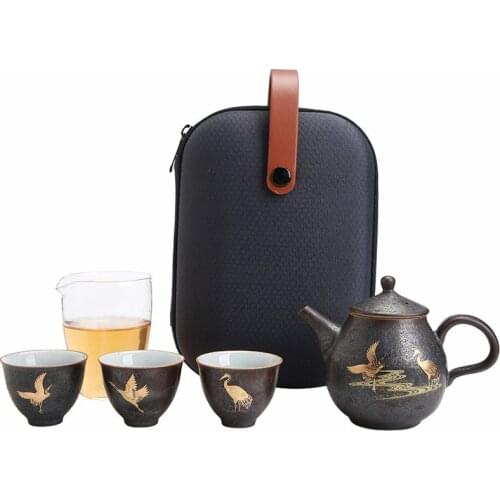 Black Crockery Ceramic Teapot With 3 Cups Flying Crane Portable Travel Tea Set Drinkware Free Shipping