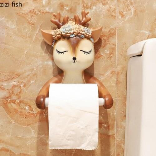 Cute Deers Roll Holders Bathroom Resin Towel Holder Baby Deer Paper Towel Dispenser Toilet Bath Shelf Holder Punch Free Hooks