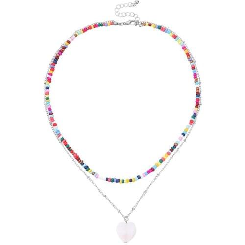 1pc Bohemian Style Double Layer Necklace Shell Design Heart Chain Pendant Necklace Bead Necklace For Women Jewelry Accessories