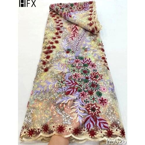 HFX 2021 African Lace French Nigerian Lace Fabric Bridal High Quality Net Tulle Lace Fabric With Sequins For Wedding Party H5026