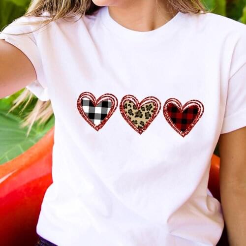 Plaid Leopard Glitter Love Heart Printed 100%Cotton Women T-shirt Spring O-Neck Pullovers Short Sleeve Top Valentines Day Shirt