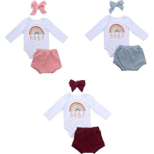 Citgeett Autumn 0-24M Newborn Baby Boy Girl Spring Rainbow Letter Long Sleeve Romper Triangle Ribbed Shorts Pants Hairband Set