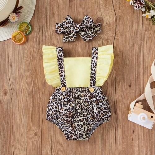 0-12M Infant Baby Girls Summer Clothes Ruffle Fly Sleeve Leopard Printed Backless Romper Bodysuit Outfit Set детская одежда W