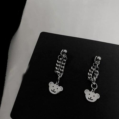 2021 Ins Hot Japan Silver Color Round Chain Long Tassel Earrings Cute Bear Stud Earrings For Women Simple Earring Chain Jewelry
