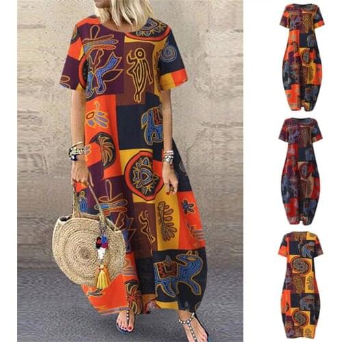 Muslim Fashion Abaya for Women Islamic Clothing Arab Vintage Ladies Print Short Sleeve Maxi Size African Islam Long Robe Dress