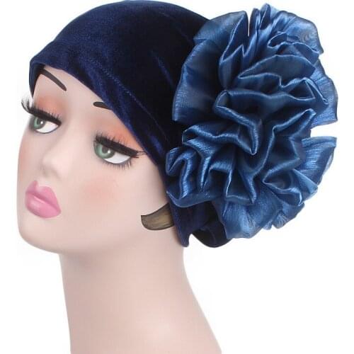 Muslim Fashion Big Flower Velvet Turban Hat For Women Elastic Headscarf Bonnet Ladies Hair Loss Chemo Cap Winter India Caps