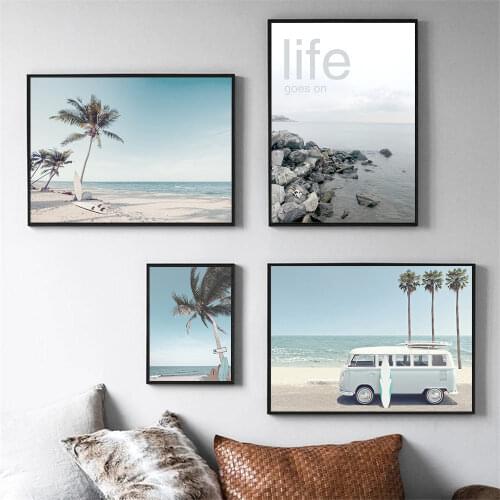 Beach Ocean Canvas Painting Seaside Coconut Tree Car Landscape Poster Nordic Wall Art Print Pictures Living Room Home Decoration