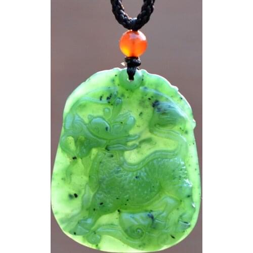 Drop shipping Natural Green HETIAN Nephrite Carved Kirin Dragon Pendant Necklace Lucky Amulet Gift For Women Mens Jades Jewelry