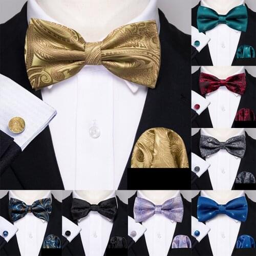 Luxury Gold Green Paisley Pre-Bow Ties For Men Silk Mens Tie Handky Cufflinks Set For Business Wedding Party Necktie Barry.Wang