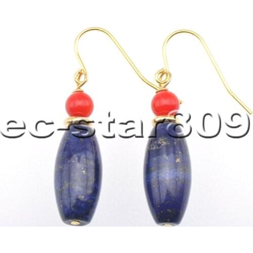 S2308 20mm Blue Rice lapis lazuli Red Coral Bead Dangle Earring