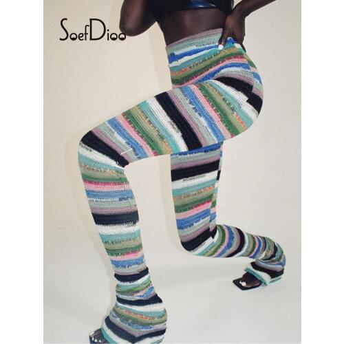 Soefdioo Stripe Printed Stacked Sporty Pants Knitting Stretchy Skinny High Waist Pencil Trousers Autumn 2021 Fashion Streetwear