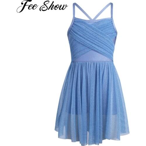 Girls Ballet Tutu Dance Gymnastics Leotard Dress Glittery Mesh Spaghetti Straps Latin Modern Contemporary Lyrical Dance Dress