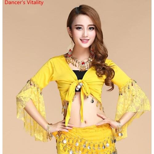 New Womens Belly Dance Costume Lace Short sleeve Gold Coins Tops & Tees Indian Clothing Belly Dance Tops