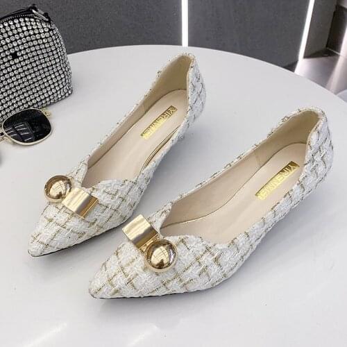 Fashion Luxury Brand British Style Lattice Casual High Thin Heels Designers Shoes for Women Pointed Toe Woman Pumps Lady Loafers