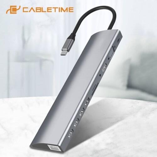 CABLETIME 11 in 1 USB Docking HUB Type C to 4K HDMI RJ45 VGA USB 3.0 5Gbps PD Audio Aux SD TF Card Reader Multi Desktop Dock H12