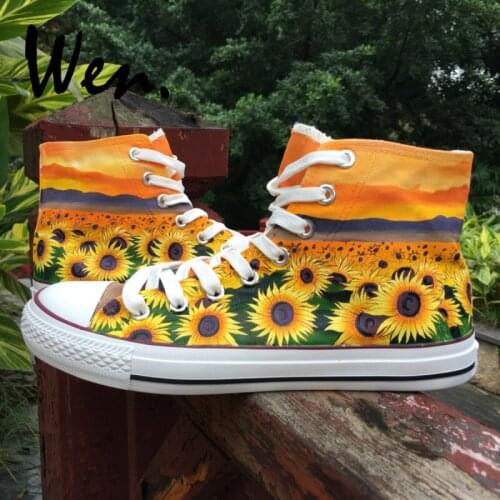 Wen Custom Original Design Blossomed Sunflowers Floral Hand Painted Athletic Shoes Unisex High Top Canvas Type Outdoors Sneakers
