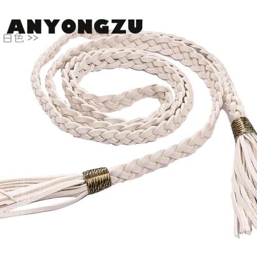 Women Thin Belt Hand Woven Fashion Bow Double Tassel Style Versatile Decorative Waist Chain Black White Coffee Matching Dress