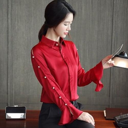 Spring fashion New Beaded Long-sleeved Shirt Female Slim OL Commuter Shirt Female Long Sleeve