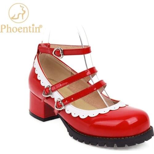 Phoentin Lolita style Mary janes shoes women 2021 spring summer Patent leather mid heel round toe pumps big size 34-46 FT1464