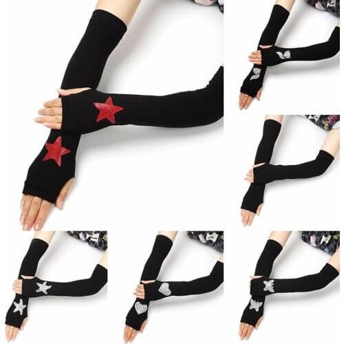 Womens Rhinestone Half-Finger Knitted Mittens Elastic Arm Cover Long Gloves Hand heaters Warmer Winter Womens gloves