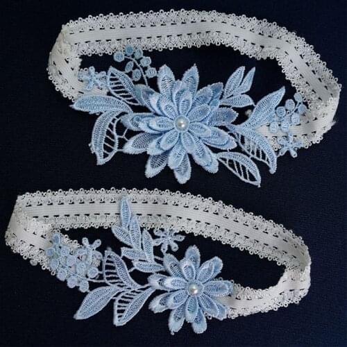 Womens Bridal Stretch Lace Thigh Rings Set Sky Blue Embroidered Flower Applique Patchwork Faux Pearl Wedding Prom Garter Belt