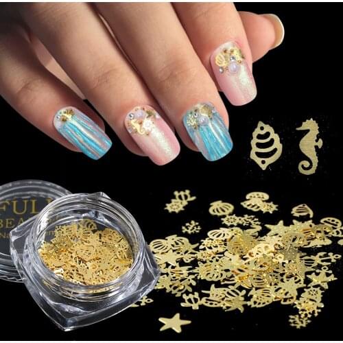 1box New 3D Metal Flake Nail Art Alloy Slice Sea Shell Fish Gold Glitter Nail Jewelrys Ultra Thin Paillettes Accessories LY970-A