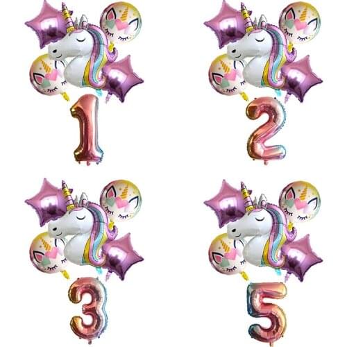 6pcs Rainbow Unicorn Star Balloon Girl Birthday Party Decorations Number Foil Balloon Kids Unicorn Party Wedding Decor Supplies