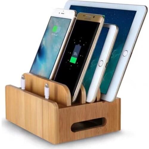 Bamboo Holder for IPhone XR 8 11Pro Stand for Samsung Cords Charging Station Dock Organizer for Smart Phone Tablets USB Charger