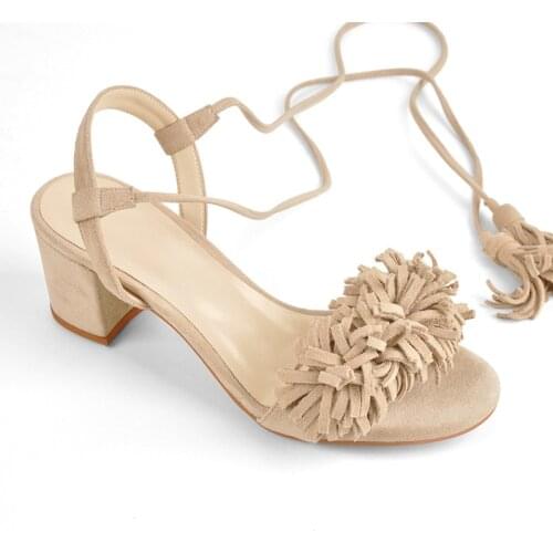 Richealnana 2021 Lace-up Sandals Fringe Ankle Strap Faux Suede Shoes Floral Round Open Toe Chunky Heels Wedding Party