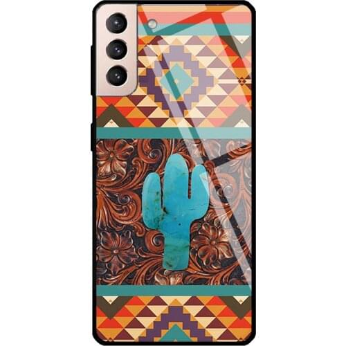 Floral Turquoise Cactus Navajo Aztec Tempered Glass Cover For Samsung Galaxy S21 Ultra S20 FE S8 S9 S10 Plus Note 10 20 Case