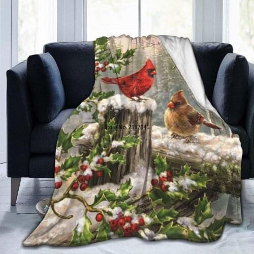 Winter Snow Cardinal Birds Holly Berry Flannel Fleece Throw Blankets 60"x50" Living Room Bedroom Sofa Couch Warm Soft Bed