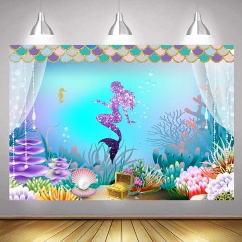 Little Mermaid Ariel Photo Backdrop Girls Custom Curtain Kids Happy Birthday Party Decoration Photography Backgrounds Banner