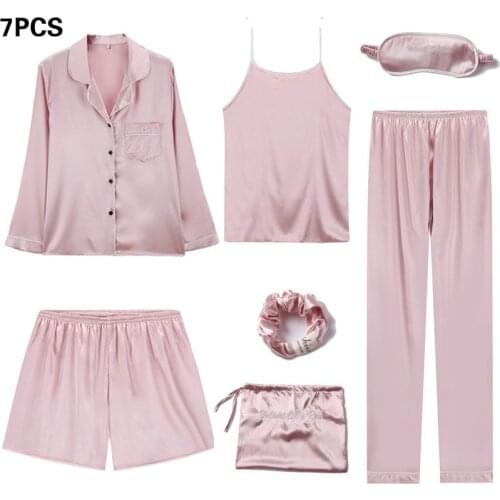 Women New Pajamas Sets Satin 7PCS Sleepwear Silky Soft Pyjamas Suit Female Sleep Set Casual Home Clothes Loose Home Wear