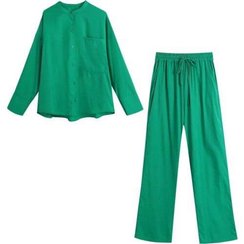SLMD 2021 Women Green Sets Female Fashion Pocket O-Neck Shirts Drawstring Elastic Waist Back Pockets Pants Ladies Casual Sets