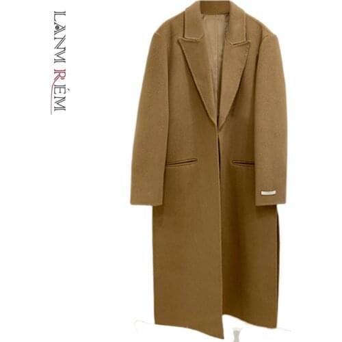 LANMREM 2021 Autumn New Womens Coats Wool Blend Trench Coat Slim Long Coat with Pockets Outerwear Casual Clothes 2D1007