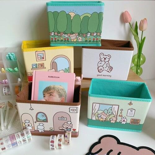 Cute Forest Girl Bear Desktop Non-woven Decoration Basket Storage Box School Office Stationery Sundries Folding Organizer Basket
