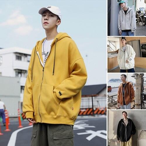 Oversize Korean Men Hoodies Jackets 2020 Autumn Man Casual Coats Solid Color Mens Hooded Jacket Coat Hip Hop Male Tops