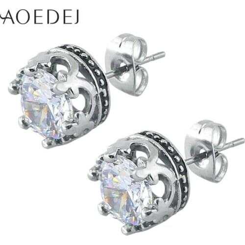 AOEDEJ Luxury Crystal Stud Earrings for Women Ear Stud pendientes Stainless Steel Small Round Earrings Trendy Crown Earrings