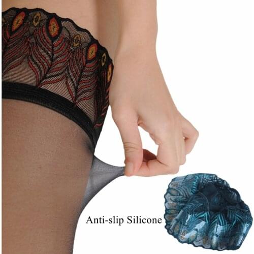 Blue Red Peacock Patterned Lace Top Thigh High Stockings Women Sexy Back Line Seam Transparent Pantyhose Silicone Hold Up Medias