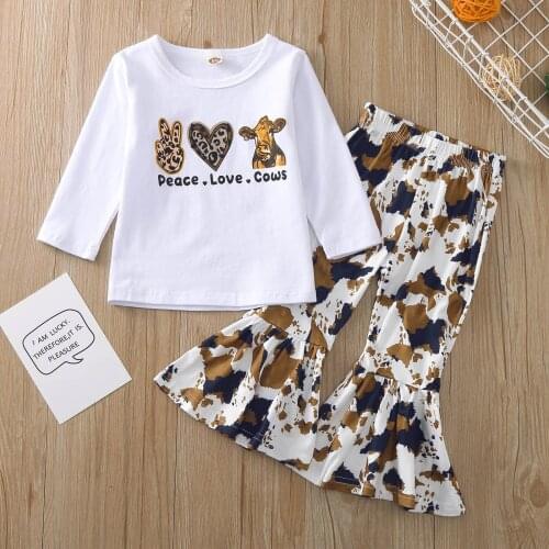Cartoon print Clothes Set O-Neck Long sleeve Tops Leopard print bell-bottomed pants Infant Baby Girls Clothes Outfits clothing