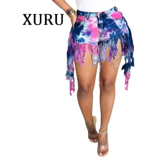 XURU European and American Sexy Fringed Jeans Ripped Sanded Hair Tie-dye Printed Denim Shorts Womens Casual Straight-leg Pants
