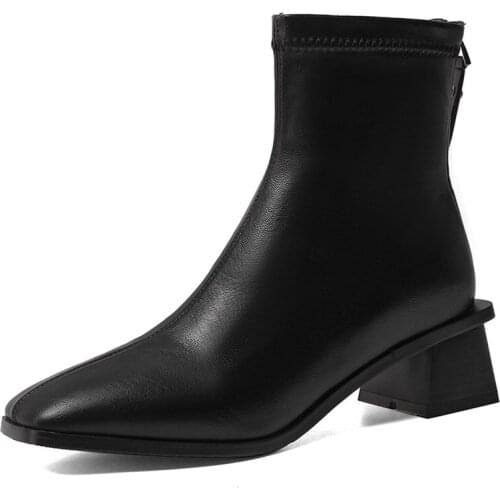 New Fashion Womens Boots Autumn Women Boots Faux Leather Mid Heel Ankle Boots Fashion square Toe Zip Winter women Shoes