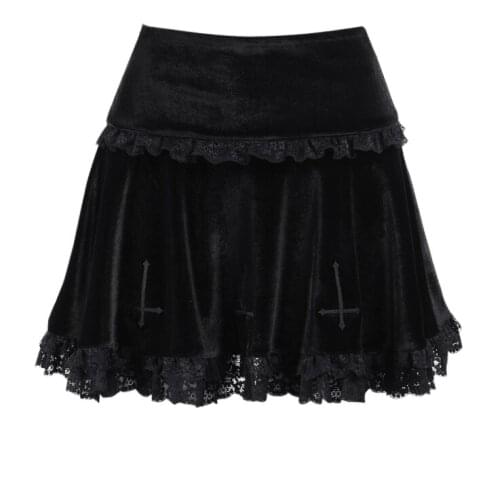 Summer Gothic Harajuku Black Cross Stitch Lace Punk Skirts Girls Fashion High Waist Sweet Kawaii Mini Skirts