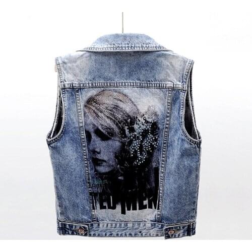 Autumn Women Fashion Graffiti Short Denim Vest Blue Jeans Jacket Fashion Diamonds Vest Outwear Letter Print Thin Coat Streetwear